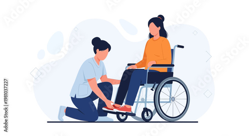 Nurse helping patient in wheelchair, physical therapy, care, medical assistance