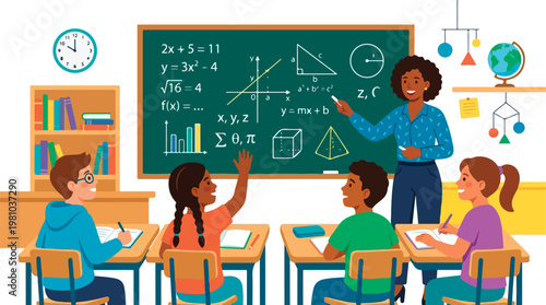 Teacher and students in classroom setting.