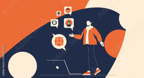 Man presenting online communication, social media, and networking concept with laptop