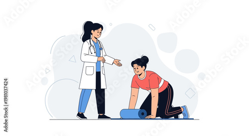 Doctor guiding patient with yoga mat for physical therapy and rehabilitation