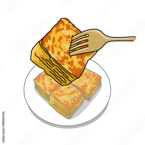 a fork is being used to eat a piece of sweet honey layer cake on white plate