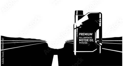 Premium engine oil advertising banner with realistic canister on highway at sunset full synthetic motor oil protection concept
