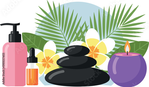 Aromatherapy Spa Elements Set with Oils, Stones, Candles, and Tropical Flowers for Wellness and Relaxation Themes in Digital Design