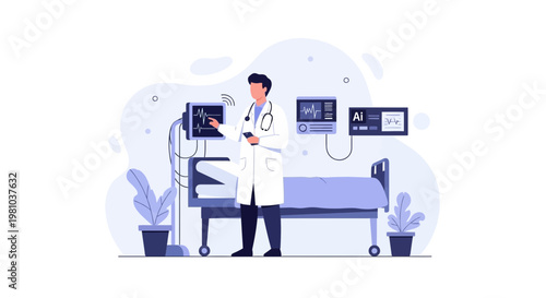 Doctor using AI technology in hospital room with medical equipment and patient bed