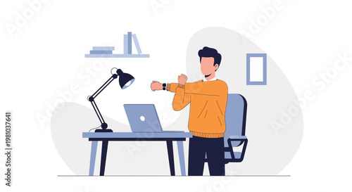 Man stretching at desk with laptop, office worker taking break, healthy work habits