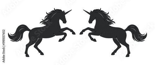 Mythical unicorn silhouettes in rearing pose, black heraldic horse icons with horns, symmetrical fantasy animal vector graphics for logo design