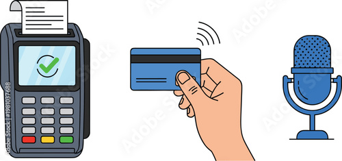 Vector illustration of payment terminal with receipt, hand holding credit card, contactless transaction symbol, and microphone icon representing digital payments.