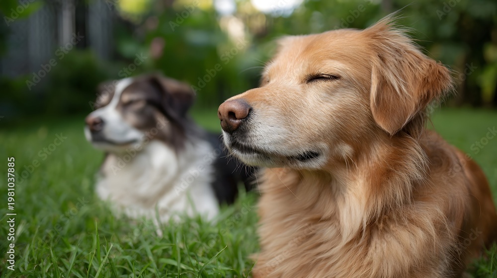Obraz premium Two golden retrievers resting together in a peaceful sunlit outdoor garden setting
