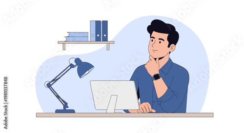 Man thinking at desk with laptop and lamp, modern office workspace illustration