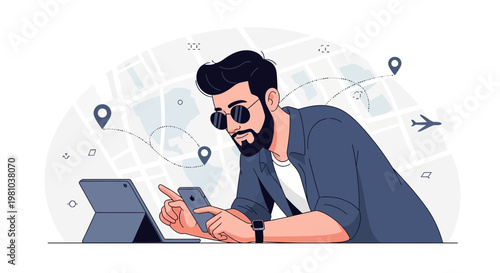 Man using smartphone and tablet for travel planning with map and airplane icons
