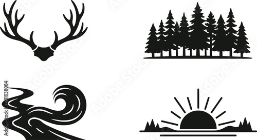 Deer Antlers and Wilderness Nature Elements Set Including Pine Forest River and Mountain Sunrise Silhouette Vector Illustration Icons for Outdoor Adventure Design