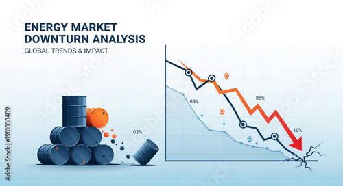 Energy Market Downturn Analysis with Falling Graph and Oil Barrels.