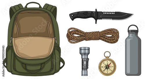 Outdoor Survival Kit Set, Military Camping Gear and Adventure Equipment Vector Illustration