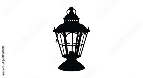 A detailed black silhouette of an antique lantern showcasing ornate design silhouette