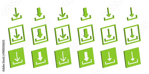 3D download green icons collection. Representing data transfer and storage