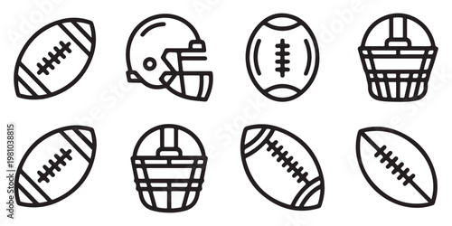 American football icons featuring balls and helmets for sports design