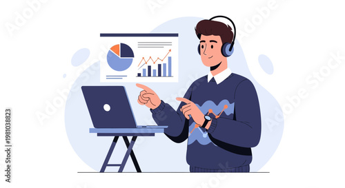 Man with headphones presenting data on laptop and screen, online meeting concept