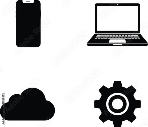 Modern Technology Icon Set Featuring Silhouette Designs of a Smartphone, Laptop, Cloud Computing, and Gear Settings for Digital Solutions Concept