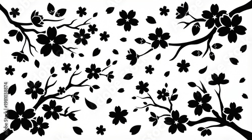 Black silhouettes of cherry blossoms and petals in varied shapes, symbolizing beauty, transience, and cultural motifs in design.