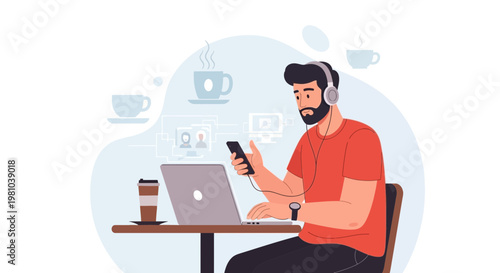 Man with headphones working on laptop and phone in cafe, remote work concept