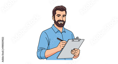 Cheerful bearded professional wearing a light blue button-down shirt smiles while holding a silver metal clipboard and preparing to write on a white background.