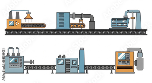 Automated factory production line with machinery and conveyor belts.