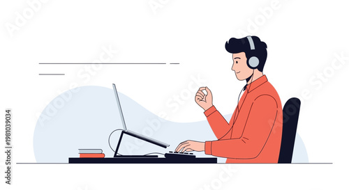 Man with headphones working on laptop at desk, focused on task