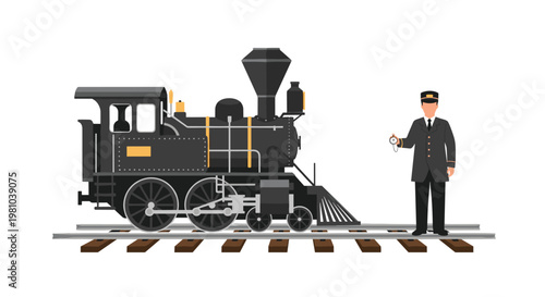 Vintage black steam locomotive with gold detailing stands on wooden railway tracks beside a uniformed conductor checking his gold pocket watch on a white background.