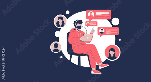 Man with headset on laptop, communicating with people via chat bubbles, online communication concept