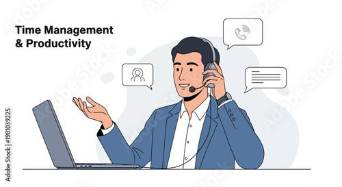 Man with headset and laptop, time management and productivity concept