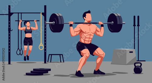 Athlete squats with barbell while another person performs pull ups