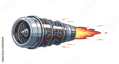 Detailed silver jet engine turbine propels rapidly through the air with a vibrant orange and yellow flame trail emitting from the rear exhaust nozzle.