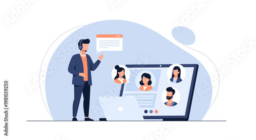 Man with headset in video conference with colleagues, remote work concept
