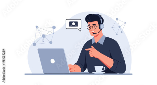 Man with headset on video call, pointing at laptop, with coffee and network graphics