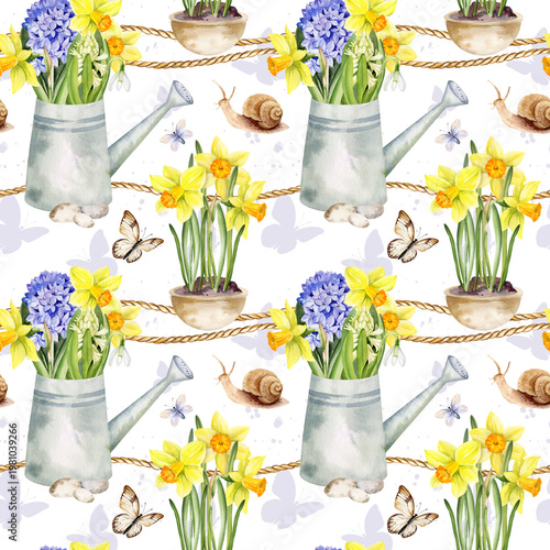 spring themed watercolor seamless pattern, garden watering can with snowdrops, butterflies, cute snail on wave background of cord, rope, daffodil, narcissus in vase, hand drawn Easter illustration