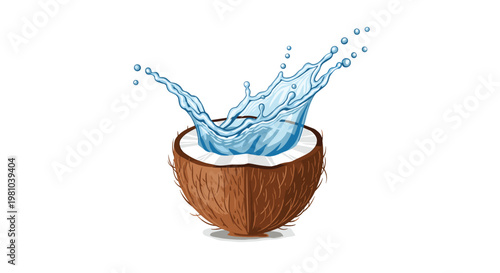 Brown textured coconut shell cut in half features a dynamic and refreshing splash of clear blue water erupting from its pristine white interior core.