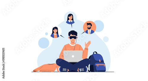 Man with VR headset connecting with people online, remote work concept