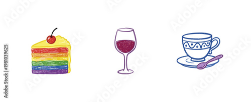 Food and Kitchen Ingredients for Menu Design with Fluid Crayon Pencil Texture and Crayon Colorful Style.