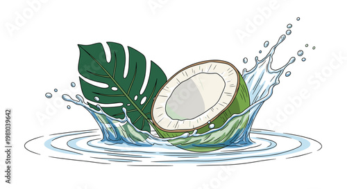 A fresh green coconut half creates a vigorous water splash next to a vibrant monstera leaf against a pristine white background with soft blue ripples.