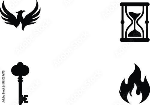 Collection of black vector icons featuring a rising phoenix bird, ancient hourglass timer, vintage skeleton key, and a burning fire flame.