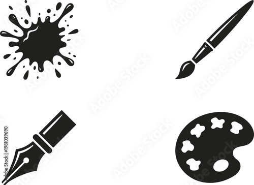 Black ink splat, paint brush, fountain pen nib, and artist palette icons set, creative art tools collection for drawing and painting.