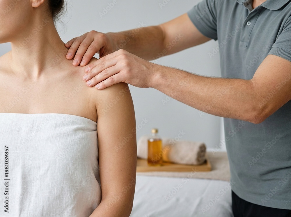 Fototapeta premium Man giving a shoulder massage to woman in spa setting 