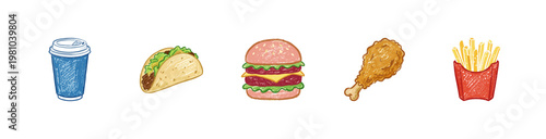 Fast Food Junk Food and Takeout Snacks with Colorful Crayony Pencil Texture and Fluid Calligraphic Outlines