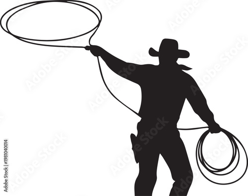 Silhouette of Western Cowboy Lassoing with Rope Lariat Isolated on White Background