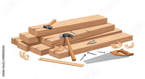 A collection of professional carpentry tools including a hand saw and hammer rests among wooden planks and curly shavings on a bright white work surface.