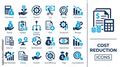 Cost Reduction solid icon set. Efficiency, operating, plan, profit, target, balance, budget, and more. Solid icon collection.