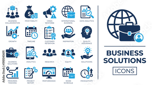 Business solutions icon set. Pack contain timeline, inspirations, strategy, solutions, research, equity, management, productivity and more. Solid vector icon collection.
