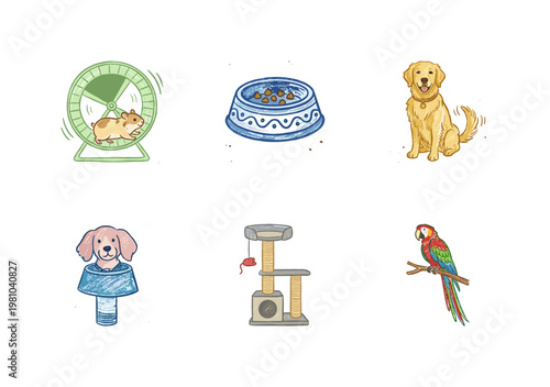 Domestic Pets and Animal Care Supplies with Colorful Crayony Pencil Texture and Organic Fluid Ink Strokes