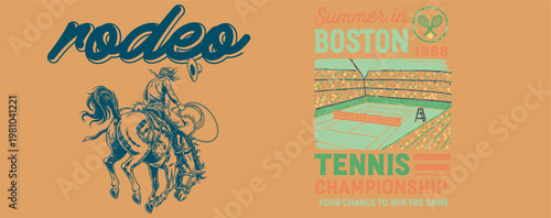 Cowboy western rodeo artwork. Boston tennis club champion league design. Summer holiday vibes. Vintage sports graphic. T shirt print design.
