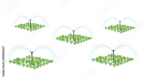 Five separate clusters of vibrant green vegetable crops receive consistent hydration from central rotating sprinklers against a pristine white background.